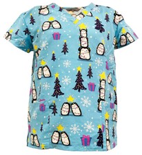 Women Halloween Christmas Medical Scrub Blue Base Penguin Christmas Tree L