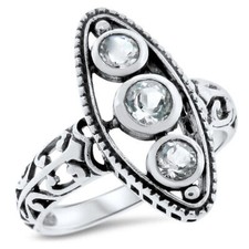 GENUINE GREEN AMETHYST 925 STERLING SILVER ANTIQUE STYLE 3 STONE RING    875