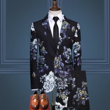 Men's Slim Fit Blazer Printed Floral Suit 2Pcs Wedding Party Formal Dress