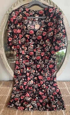 grunge 90s floral dress Rayon Spring Grunge BLACK Pink ROSES Sz 9/10 Floral DRESS Medium Vtg 90s  80s