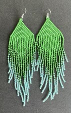 Boho Native Style Green Seed Bead Beaded Earrings Fringe Tassel Extra Long