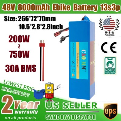 Lithium Battery 48V8ah for 200W-750W Ebike Electric Motor Bicycle 30A BMS 13S3P