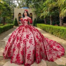 Elegant Red Quinceanera Dresses 3D Flowers Off Shoulder Prom Gowns Sweet 15 16