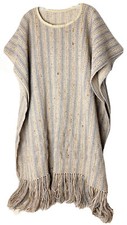 Vintage Unisex Wool Poncho One Size 34.5 x42 L Beige Blue Stripe EUC