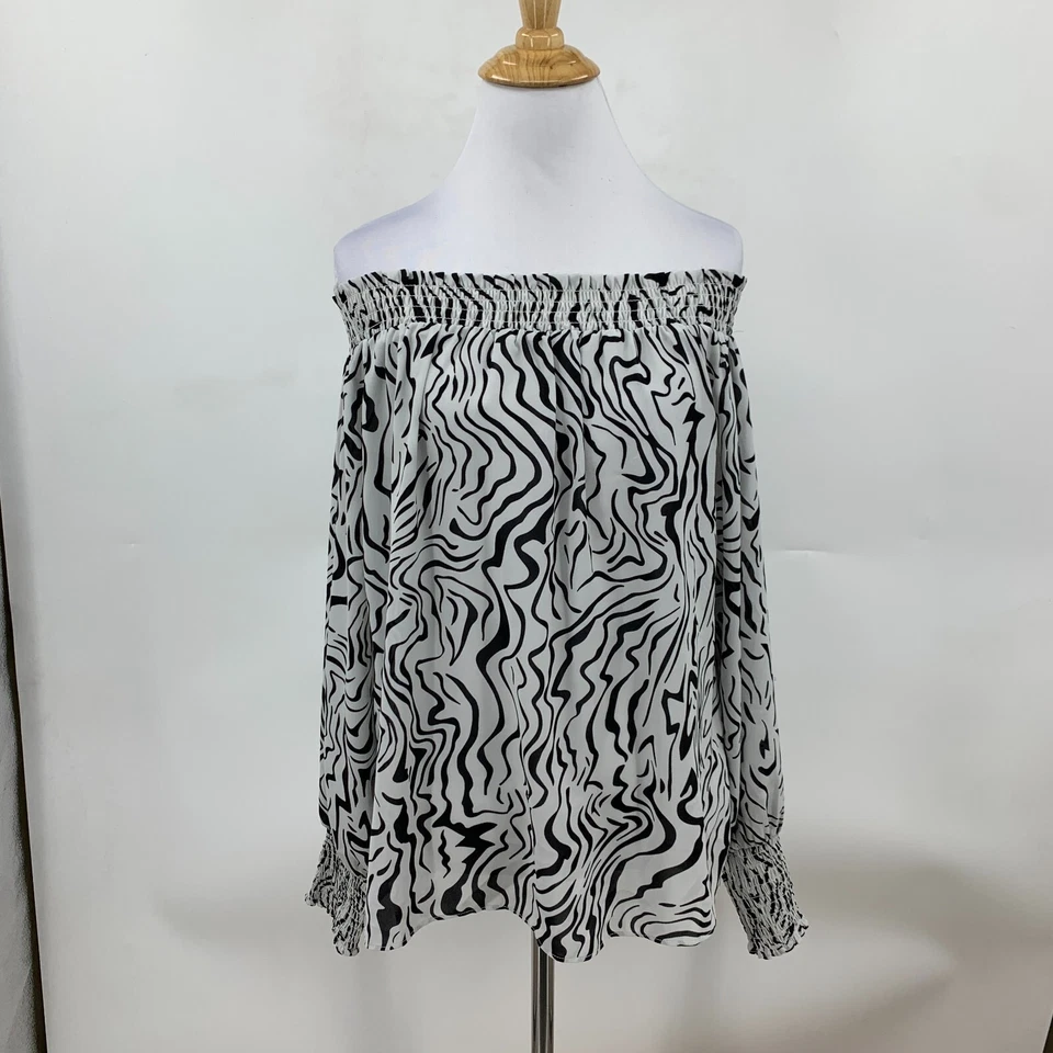 Milano Off Shoulder Top Womens S Small White Black Zebra Print Long Sleeve Smock - Изображение 2 из 4