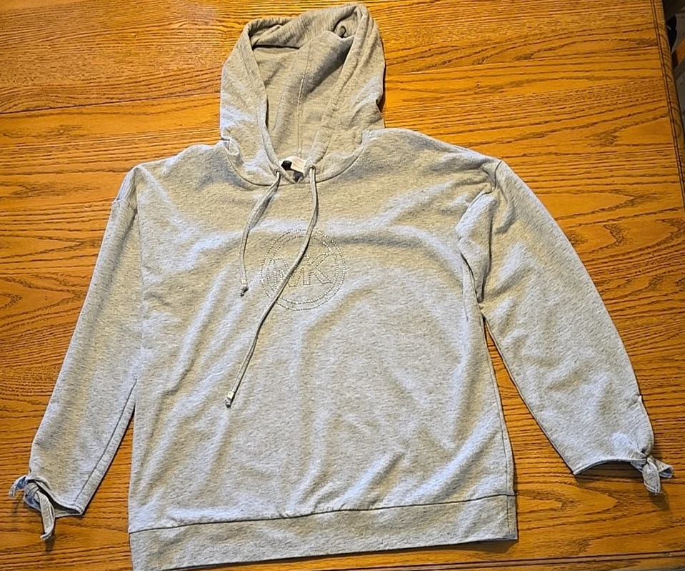 Michael Kors Gray Hoodie Women SZ M Diamond Rhinestones Logo Bling lightweight