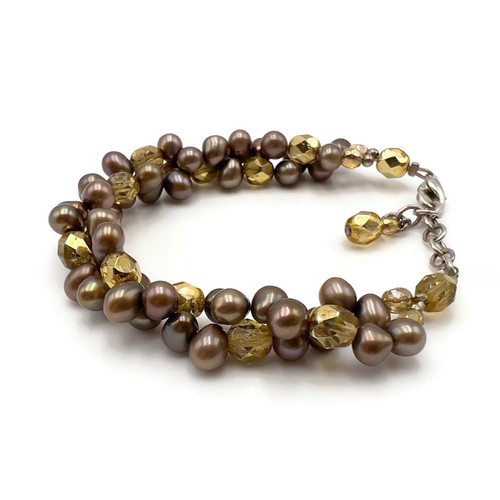 Brown Pearl Gold Dipped Crystal Beaded Fashion Bracelet 7 in Lobster Clasp - Picture 2 of 12