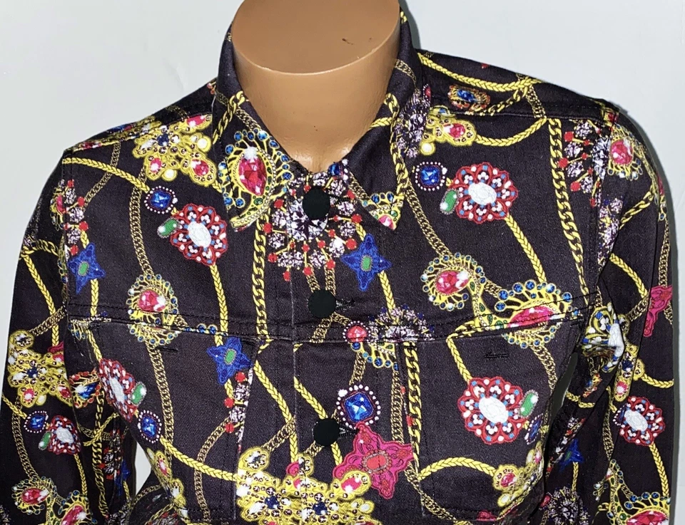 CHAQUETA VAQUERA L'AGENCE CRISTAL ADORNADO CADENA ESTAMPADO POR TODAS PARTES PEQUEÑA NUEVA SIN ETIQUETAS Foto 3 de 4
