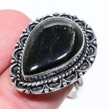 Natural Golden Sheen Obsidian Gemstone 925 Sterling Silver Ring Size 8 US