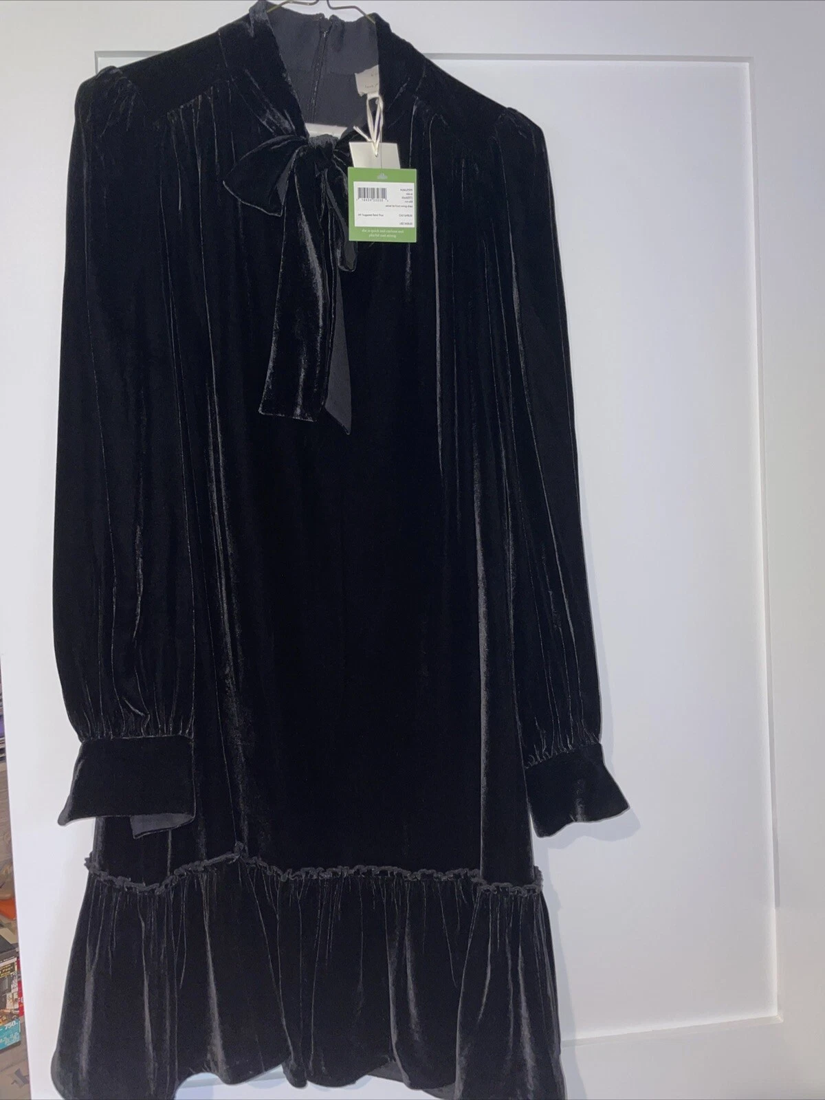 Mini Abito Kate Spade Nero Velluto Cravatta Cambio Anteriore Orlo Increspato Taglia XS NUOVO CON ETICHETTE