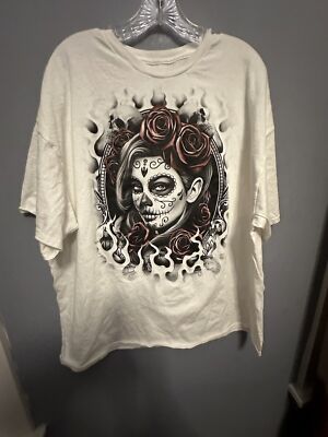 DOM 3XL Sugar Skull Rose White T Shirt Gothic Halloween Day of the Dead