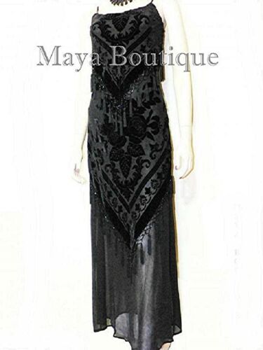Black Dress Gown Fringe Flapper Style Beaded Burnout Silk Velvet Maya M - Afbeelding 1 van 4