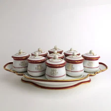 Lahoche Palais Royal Old Paris Porcelain Set 9 Pot De Creme Pots on Stand Maroon