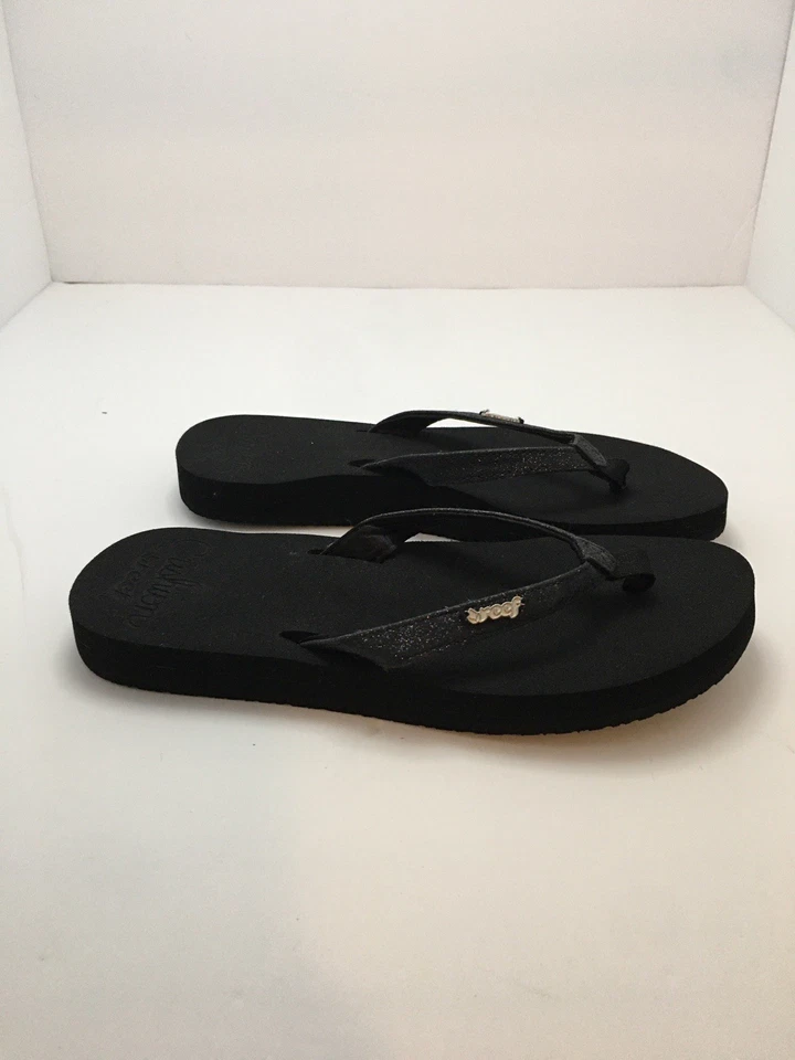 Reef черный шлепанцы размер США W's 8 подушка логотип блестящий сандалии стринги обувь - Изображение 2 из 4