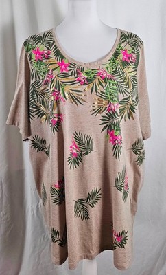 Catherines Womens Pullover Top Tan Green Pink  Gold Floral Cotton Polyester 2X