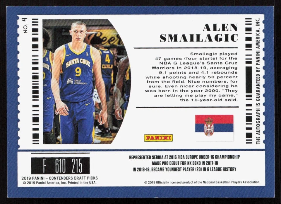 Alen Smailagic 2019 Panini Contenders Draft Picks International Ticket Auto #4 - Image 2 of 2