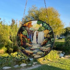 Waterfall Stained Glass Suncatcher, Hand-Painted Nature Landscape Window Decor
