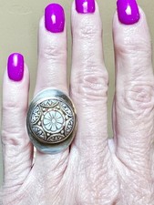 Wonderful Vintage Mexican Artisan Sterling Silver  Carved Floral Stone Ring