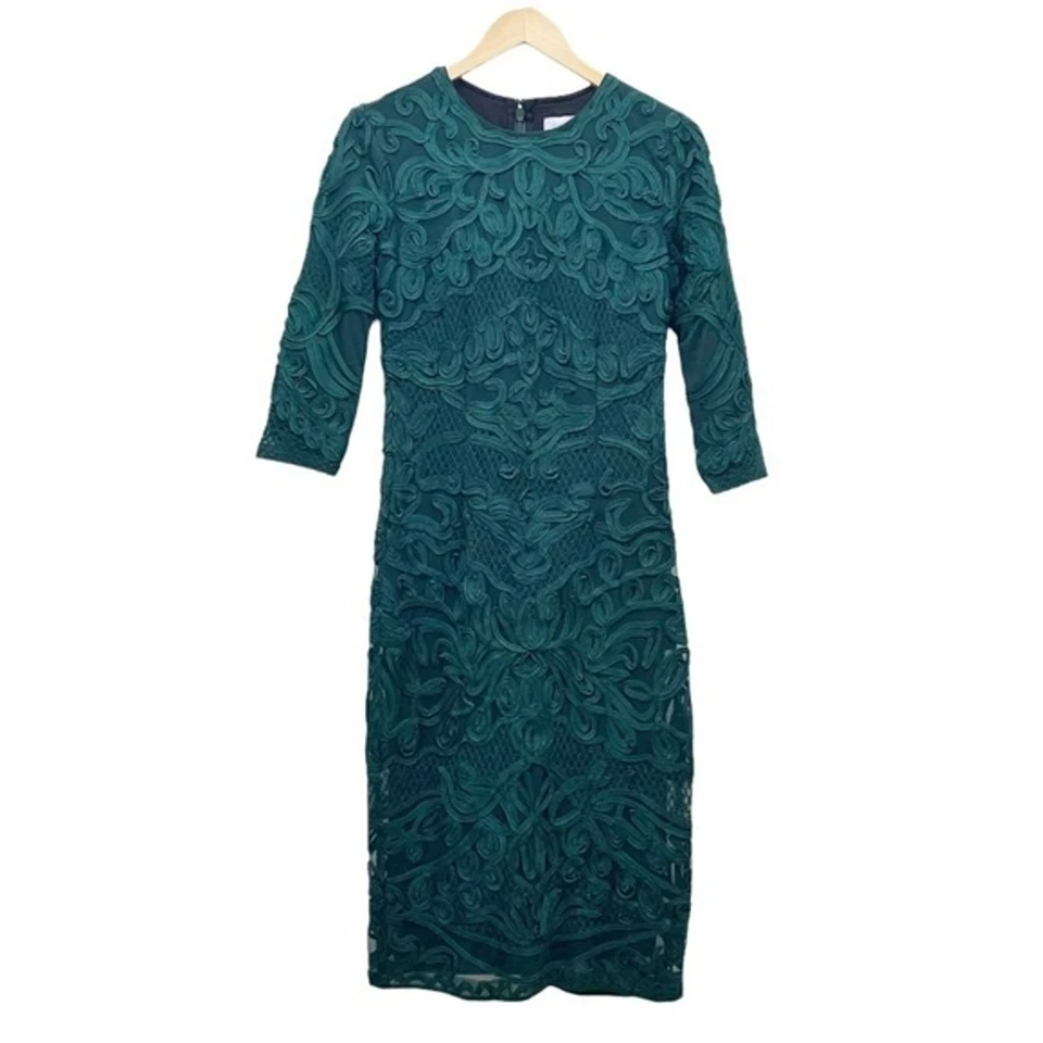 JS Collections Lace Dress Forest Sheer Sleeve Soutache Midi Sheath Dress Size 2 - Image 2 of 4