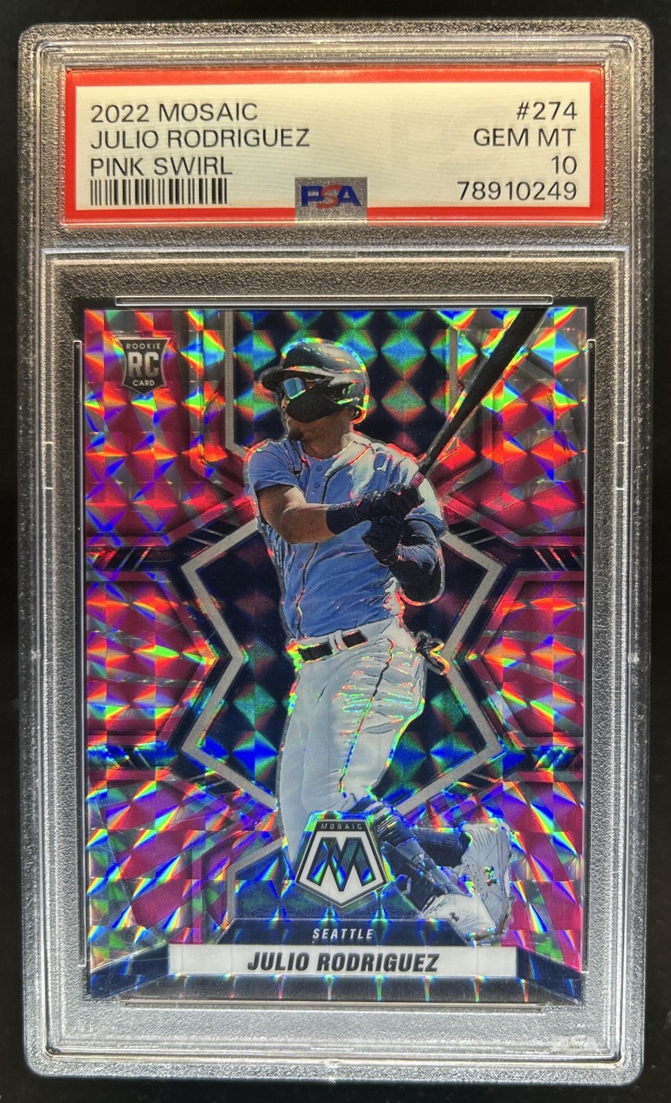 2022 Panini Mosaic Julio Rodriguez Pink Swirl Rookie RC #/12 Mariners PSA 10