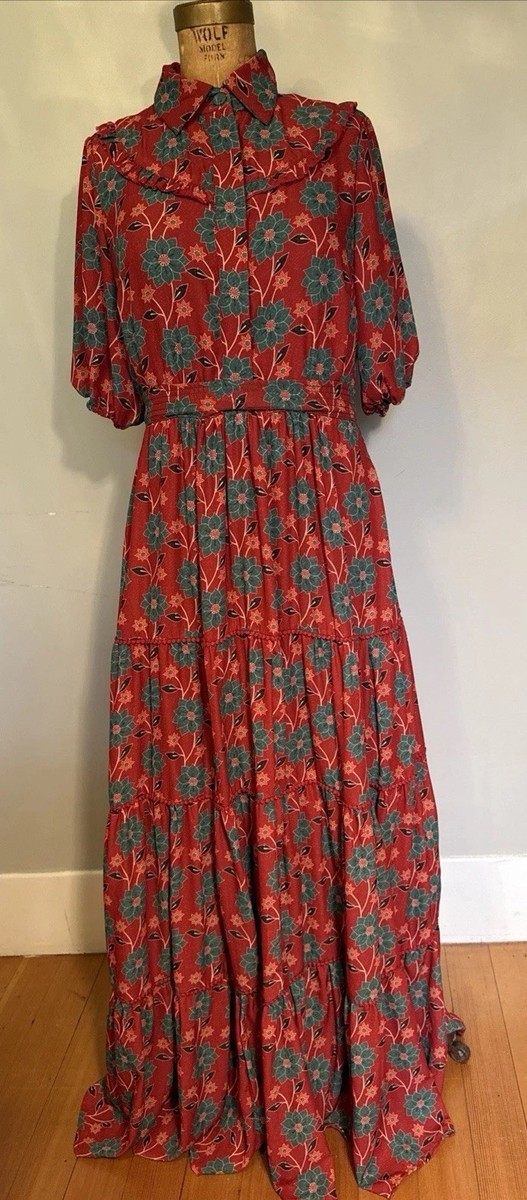 Wayward Fancies Prairie Tiered Red Floral Maxi Dress M/8 | eBay