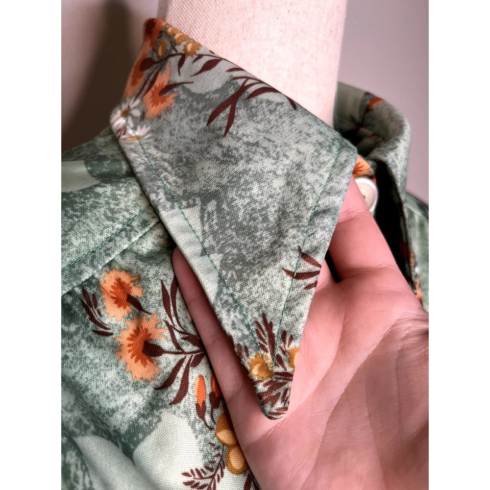 Vestido Disco Montgomery Ward Años 70 Naranja Verde Menta Otoño Floral Cuello Daga M Foto 4 de 4