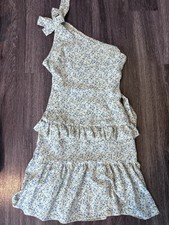 White/Blue Floral One-Shoulder Smocked Bow Ruffle Mini Sundress Size M