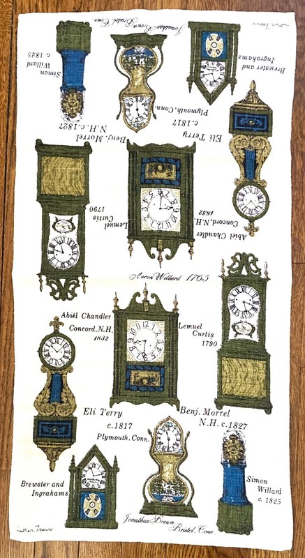 SIGNED LUTHER TRAVIS LINEN DEPICTING EARLY 1800's CLOCKS; MADE BY FALLANI & COHN