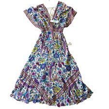 Fashion Fuse Floral Maxi Dress Boho Bird Print V Neck Tie Waist L M NWT