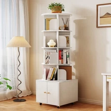 5-Tier Rotating Corner Bookshelf 360 Degree Display Shelf with Storage Drawer