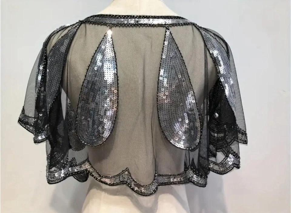 Chal de lentejuelas, capa de encaje transparente encogido de hombros bolero chal noche cárdigan negro/plateado Foto 2 de 4