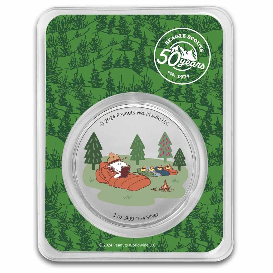 ピーナッツ®ビーグル・スカウト・キャンプ・アドベンチャー 銀1オンス・バー Peanuts® Beagle Scout Camping Adventure 1 oz Colorized