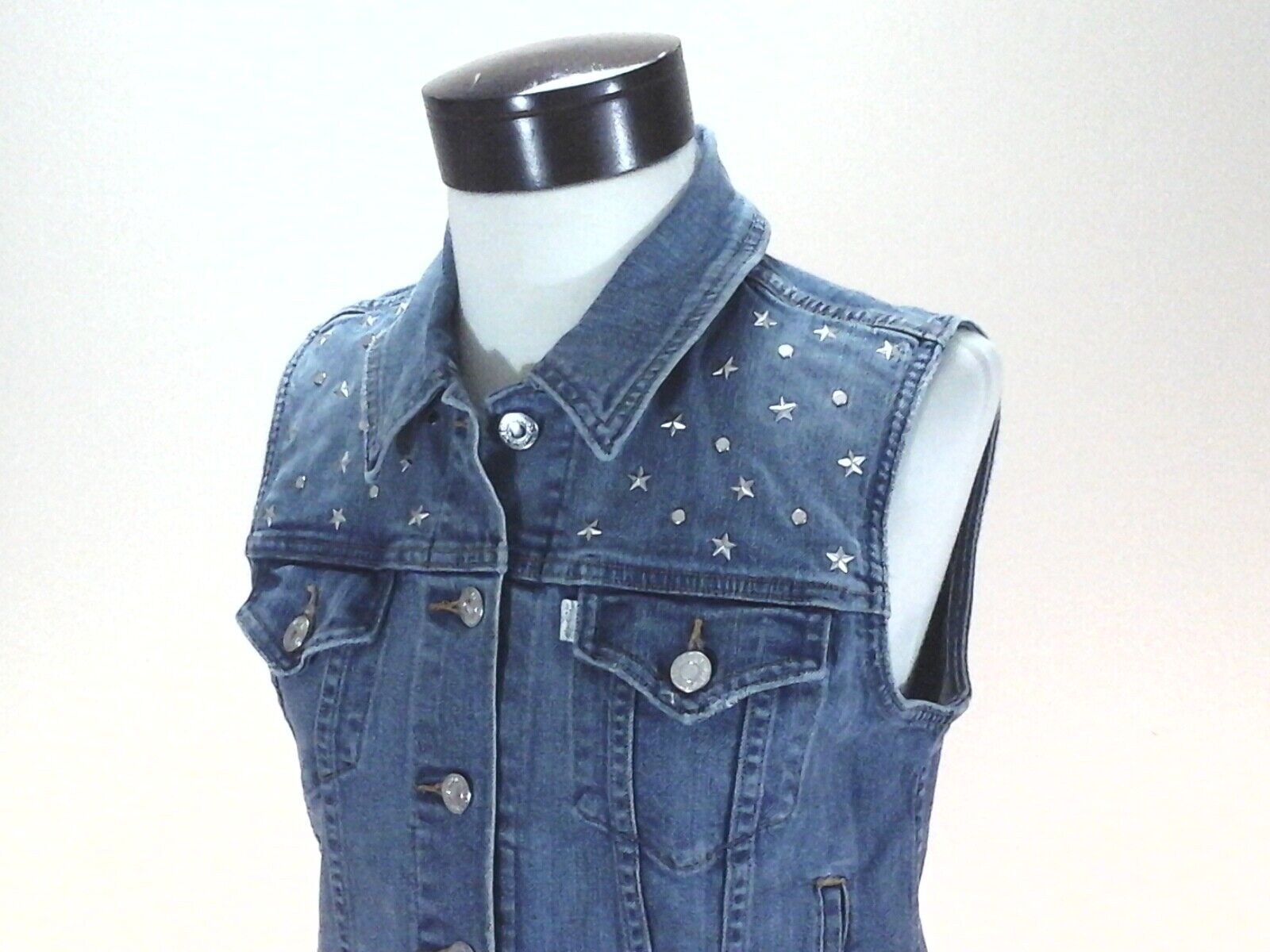 LEVI'S Denim Vest Blue w Stars and Studs Trucker Western White Tab Womens M  | eBay