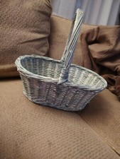 Oval Woven Wicker Flower Farm Carry Storage Handle Basket 12" Green/White