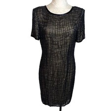 A.J. Bari Dress Black Womens Vintage Size 12 Pure Silk Beaded Shift Cocktail Mod