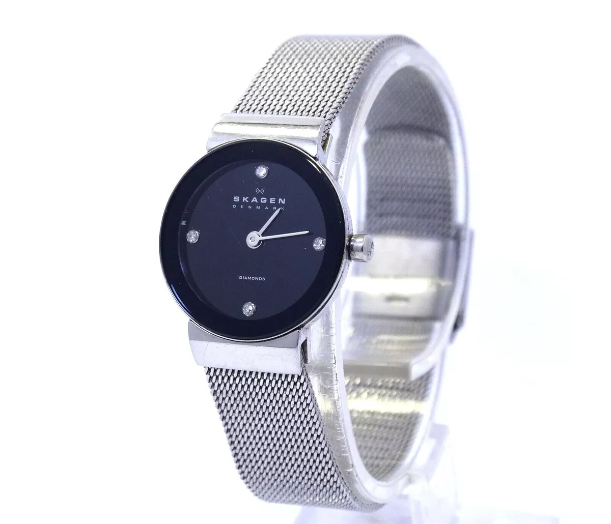 Ladies SKAGEN DENMARK Real DIAMOND Black Dial Stainless Steel Mesh