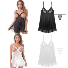Ladies Mesh Lace Nightdress Open Cups Babydoll Dress with G-string Set Sleepwear