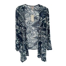 Chico's 2 Easywear Jacket Large Blue Paisley Open Front Cascade Long Sleeve NEW