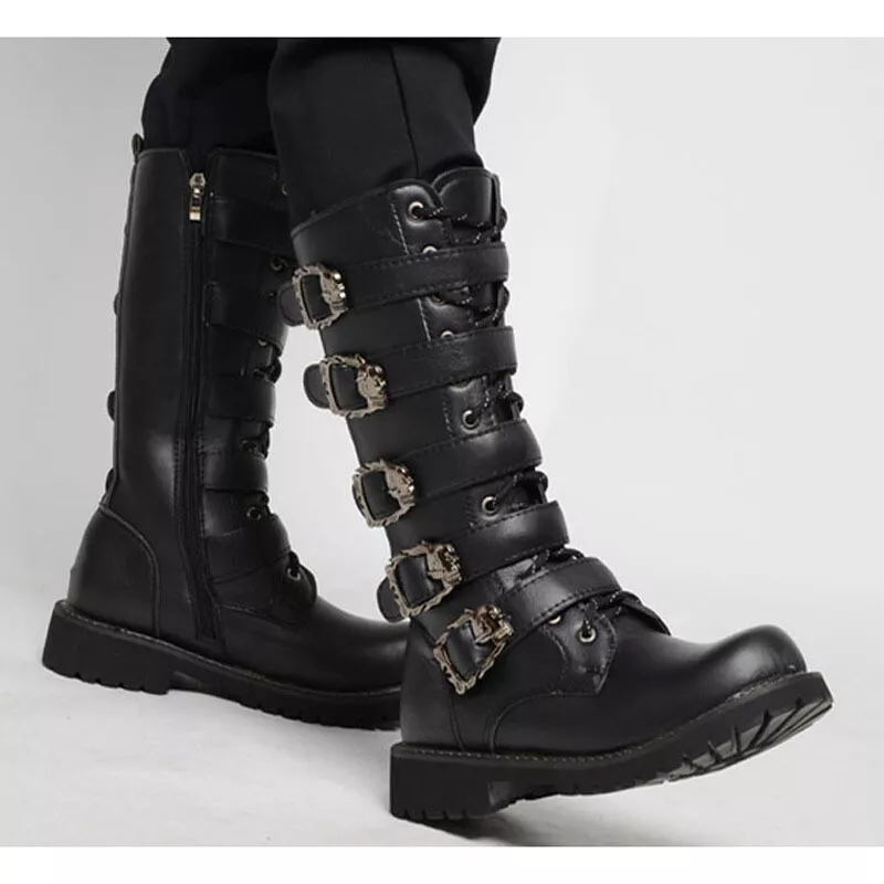 Mens Military Army Mid Calf Combat Boots Buckle Strap Lace Up Shoes Gothic Punk