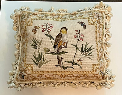 Needlepoint Embroidered Pillow Parrot Parakeet Bird Butterfly Large Trim Tassel