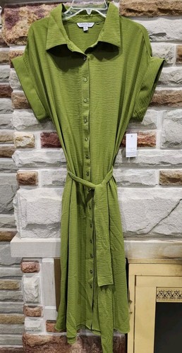 Ophelia Roe Green Belted Maxi Dress. Stretch Button Front NWT. Women's Size S