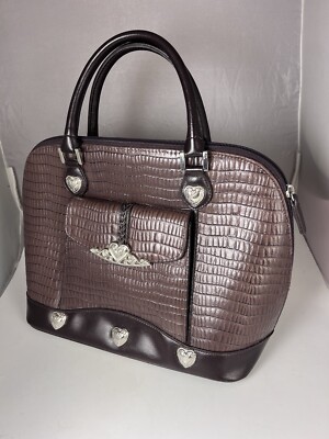1990s Marc Chantal Brown Croc Embossed Leather Handbag Purse Bag