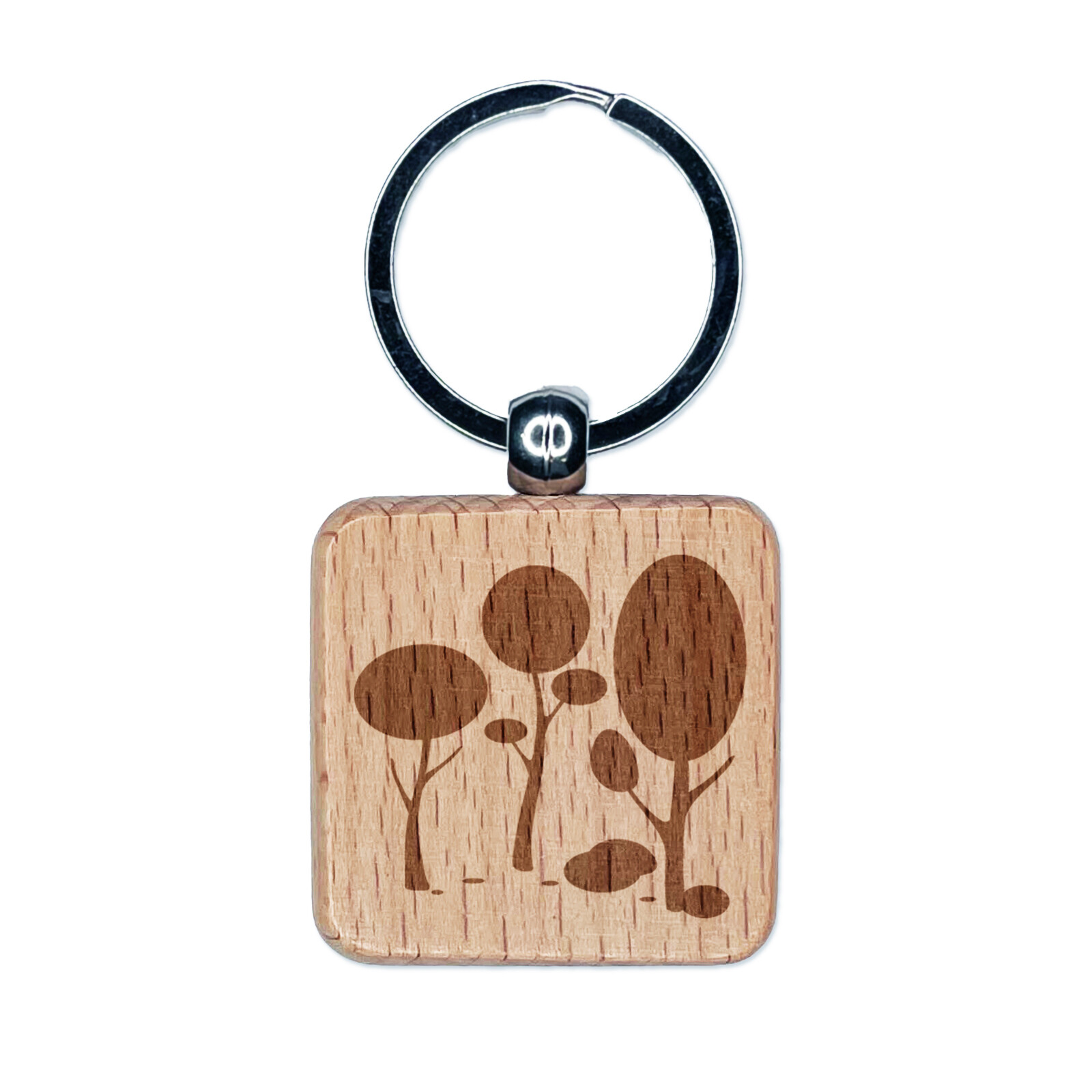 Minimalist Forest Trees and Bushes Engraved Wooden Square Keychain Charm