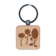 Minimalist Trees and Bushes in Forest Engraved Wood Square Keychain Tag Charm