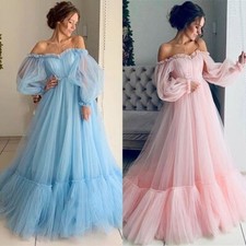 Women's Romantic Off Shoulder Flounce Long Sleeve Wedding Mesh Party Long Dress