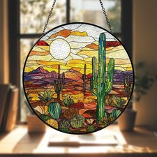 Cactus Landscape Stained Glass Suncatcher, Sunset Suncatcher, Western Home Decor