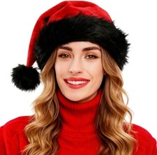 Red Black Santa Hat for Adults, Plush Santa Hats Velvet Christmas Hat for Home D