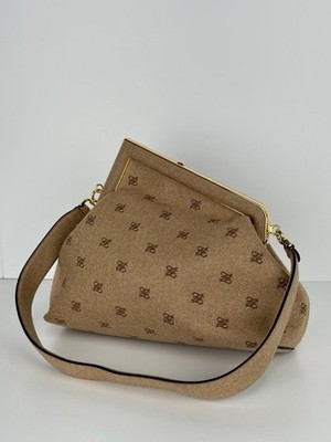 Fendi First Medium Shoulder Bag in Camel Flannel with Karligraphy