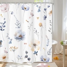 72x72 Inch Blue Beige Watercolor Floral Waterproof Fabric Shower Curtain Hooks