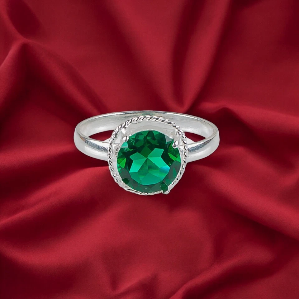 Anillo de mujer de plata de ley 925 con piedras preciosas verdes esmeralda creado en laboratorio todas las tallas DA Foto 2 de 4